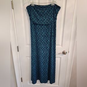 Banana Republic Teal Geo Print Stretch Elastic Ruched Strapless Maxi Dress S XL